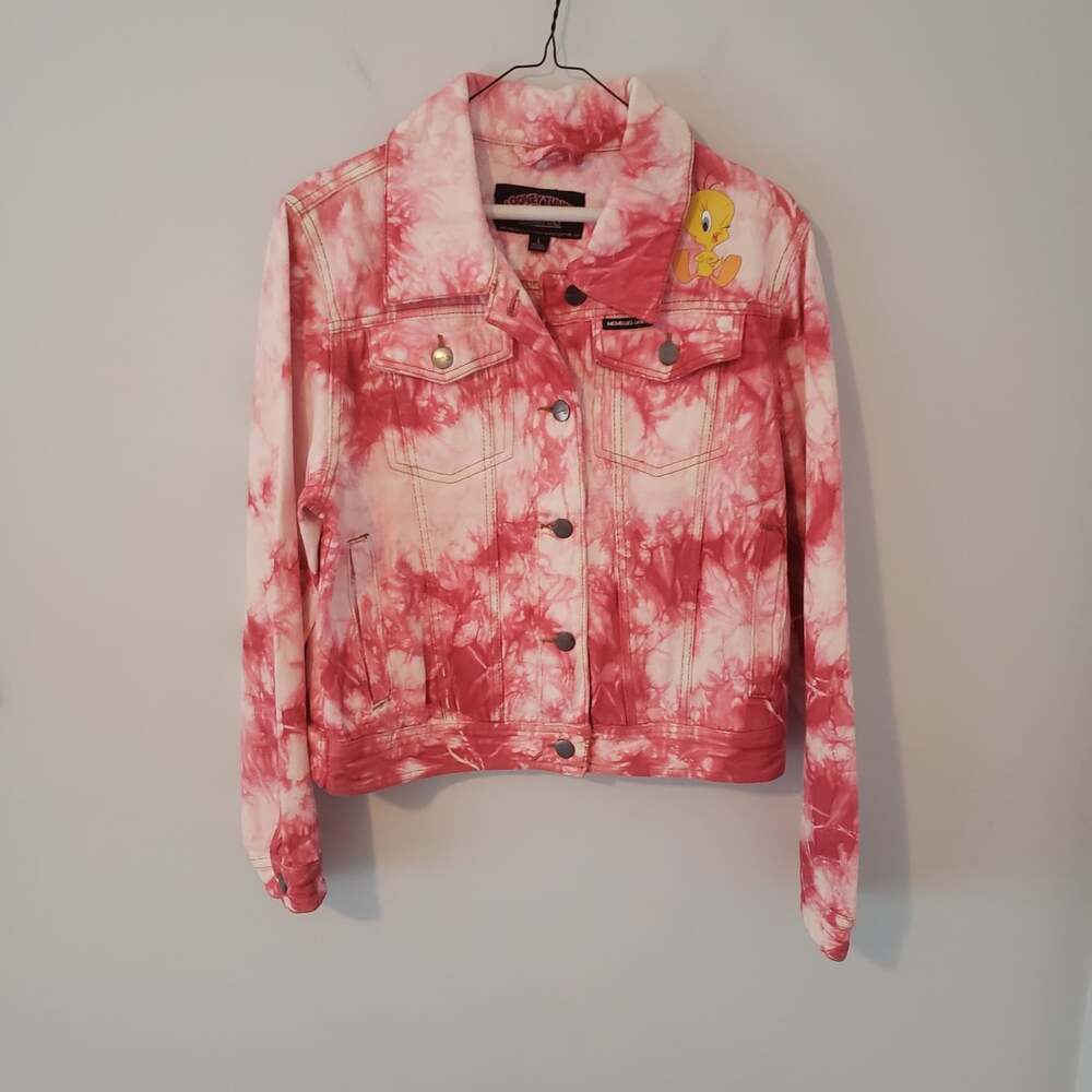 Looney Tunes Members Only Denim Jacket Womens L Pink Tie Dye Tweety Bugs Bunny